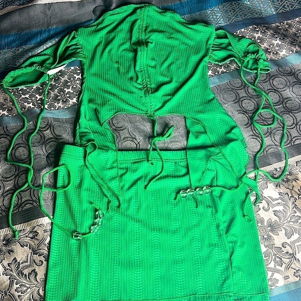 GREEN MINI SKIRT AND ETHEREAL BEAD CROP TOP SET